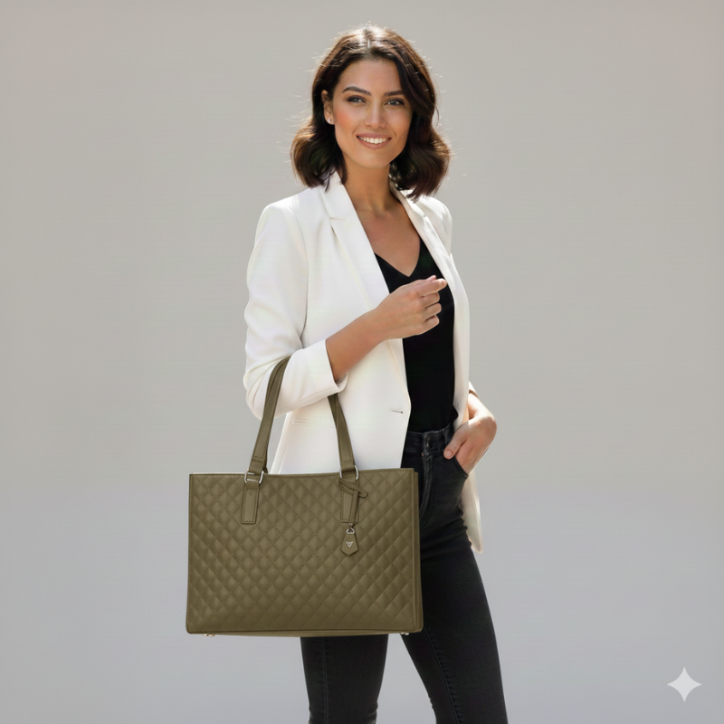 Model trägt eine olivgrüne Damenhandtasche mit strukturierter Oberfläche, kombiniert mit klassischem Outfit im Studio.