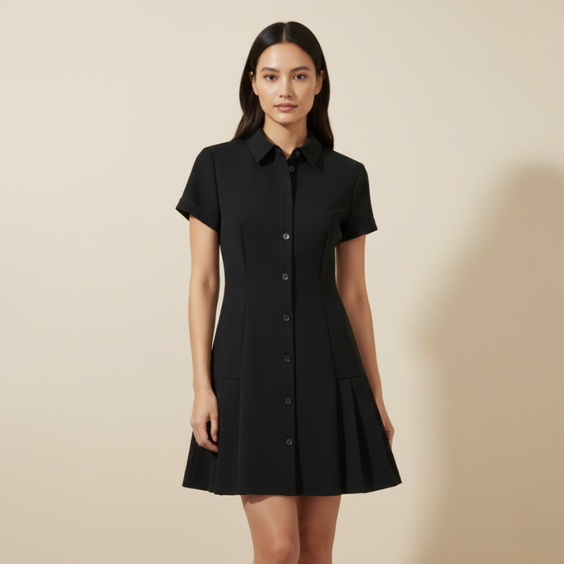 Model trägt ein schwarzes kurzes Hemdblusenkleid mit Knopfleiste, klassischem Kragen und ausgestellter Silhouette im Studio.