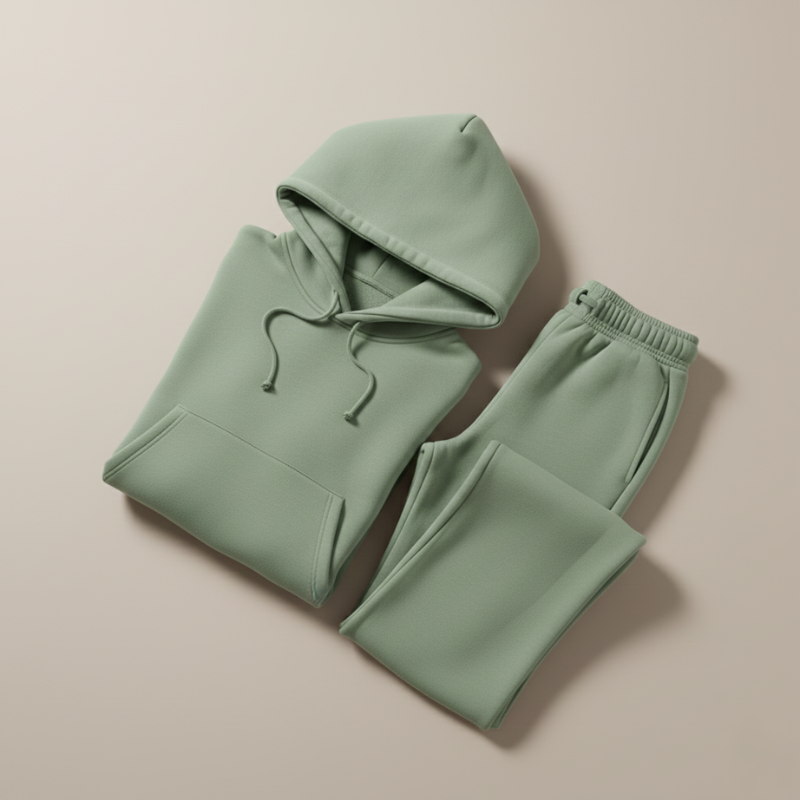 Modell steht in grünem Hoodie-Set im hellen Raum mit natürlichem Tageslichteinfall.