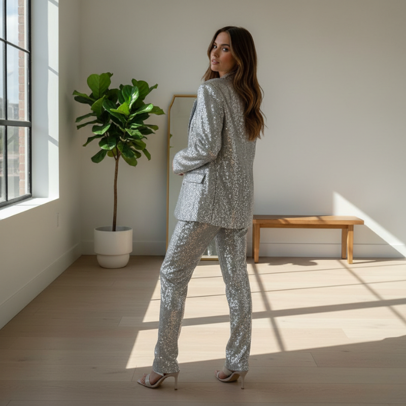 Model trägt einen beigefarbenen Hosenanzug mit schimmernder Oberfläche in einem lichtdurchfluteten Innenraum.