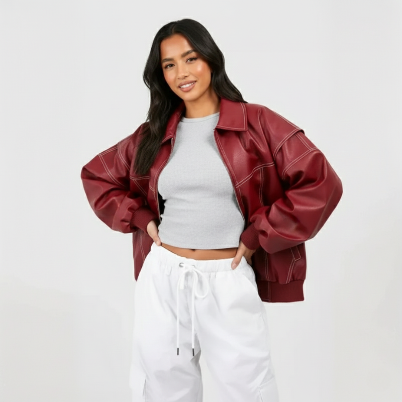 Frau posiert in bordeauxfarbener Lederjacke und weißer Hose vor hellem Hintergrund.