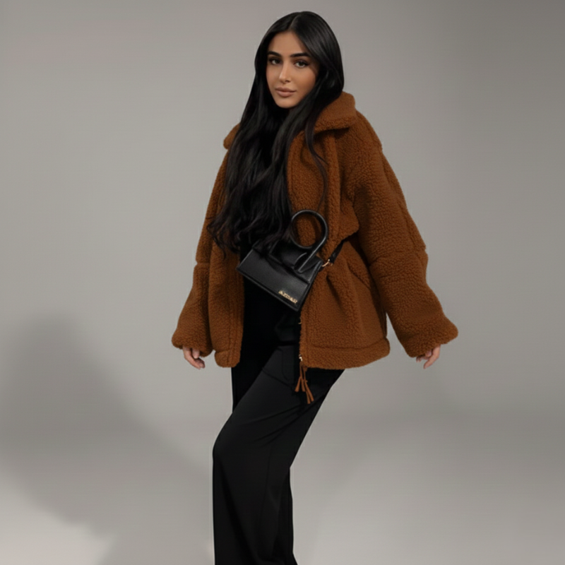 Model trägt eine braune Damenjacke mit strukturierter Oberfläche, kombiniert mit schwarzer Hose und Handtasche im Studio.