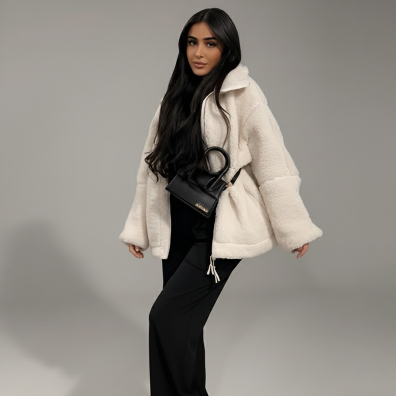 Model präsentiert eine cremefarbene Damenjacke mit klarer Linienführung, kombiniert mit schwarzem Outfit vor neutralem Hintergrund.