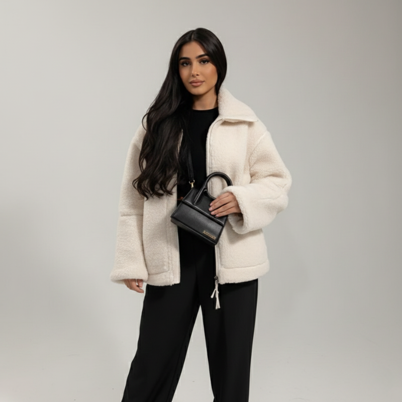 Model trägt eine cremefarbene Damenjacke mit schwarzem Oberteil und Hose in einer minimalistischen Studioaufnahme.