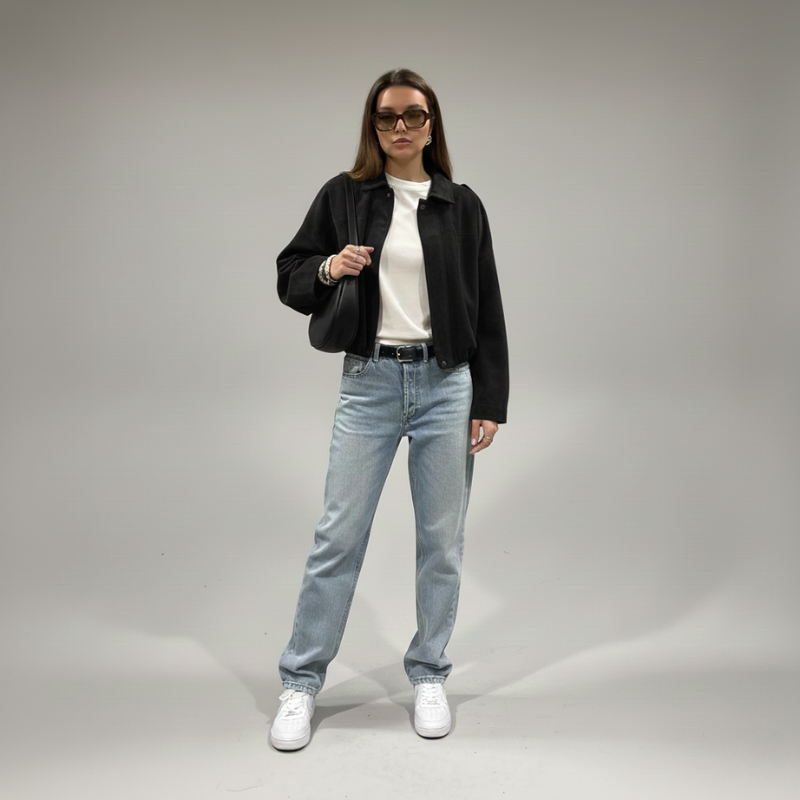 Dunkelblaue Damenjacke mit klarer Linienführung, getragen von einem Model vor neutralem Hintergrund.