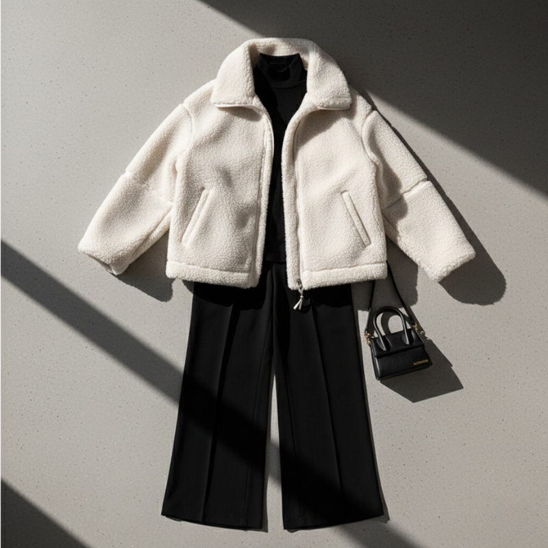 Produktansicht einer Damenjacke mit hellem Obermaterial und schwarzen Kontrastelementen auf neutralem Untergrund.