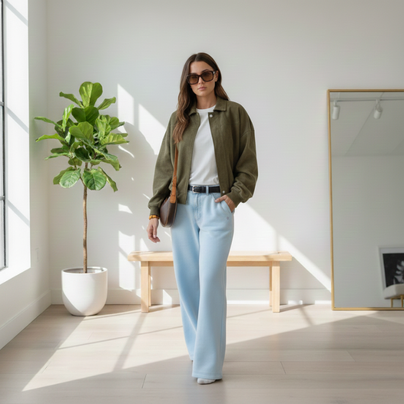 Model trägt eine olivgrüne Damenjacke kombiniert mit weißem Oberteil und heller Jeans in einem hellen Innenraum.