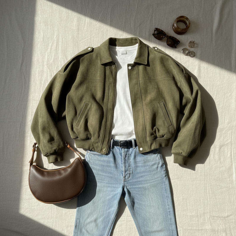 Olivgrüne Damenjacke mit Jeans, Tasche und Accessoires als Flatlay auf hellem Untergrund arrangiert.
