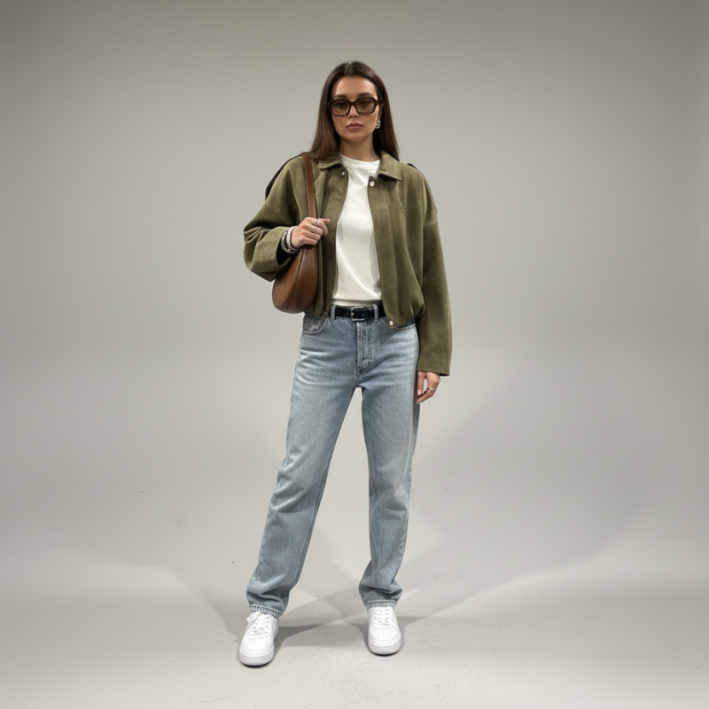 Model präsentiert eine olivgrüne Jacke mit lässiger Passform vor neutralem Studiohintergrund.