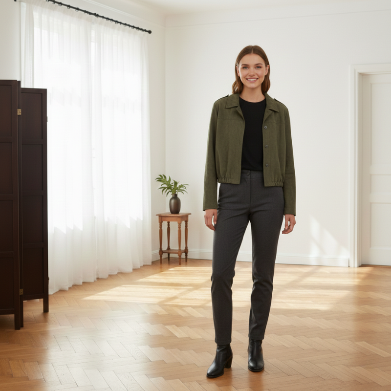 Olivgrüne Jacke mit strukturierter Oberfläche und klarer Linienführung, getragen in einem lichtdurchfluteten Innenraum.