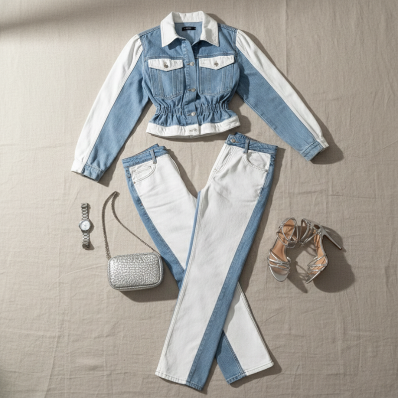 Hellblaues Jeanshemd und weiße Hose als Flatlay arrangiert, ergänzt durch passende Accessoires auf hellem Untergrund.