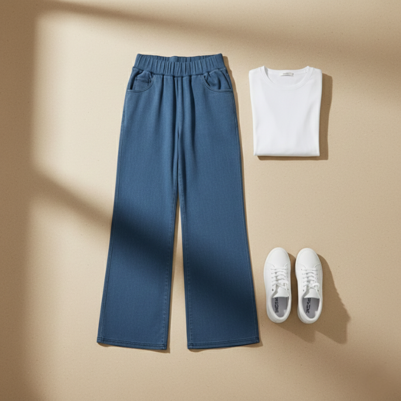 Flachgelegte blaue Jeanshose neben weißen Sneakern auf hellem Untergrund.