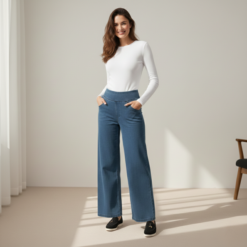 Modell präsentiert eine weit geschnittene blaue Jeanshose vor einer warmen Studioeinrichtung.