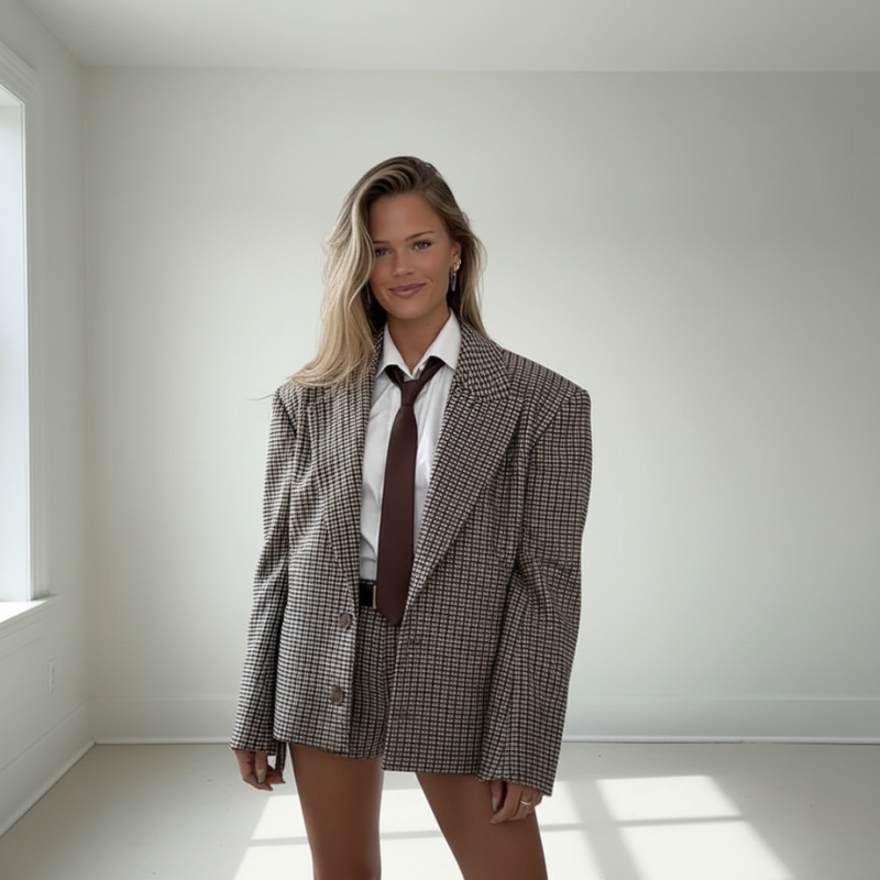 Model trägt einen braun karierten Oversize-Blazer mit weißem Hemd und Krawatte in einem minimalistischen Studio für einen modernen Look.