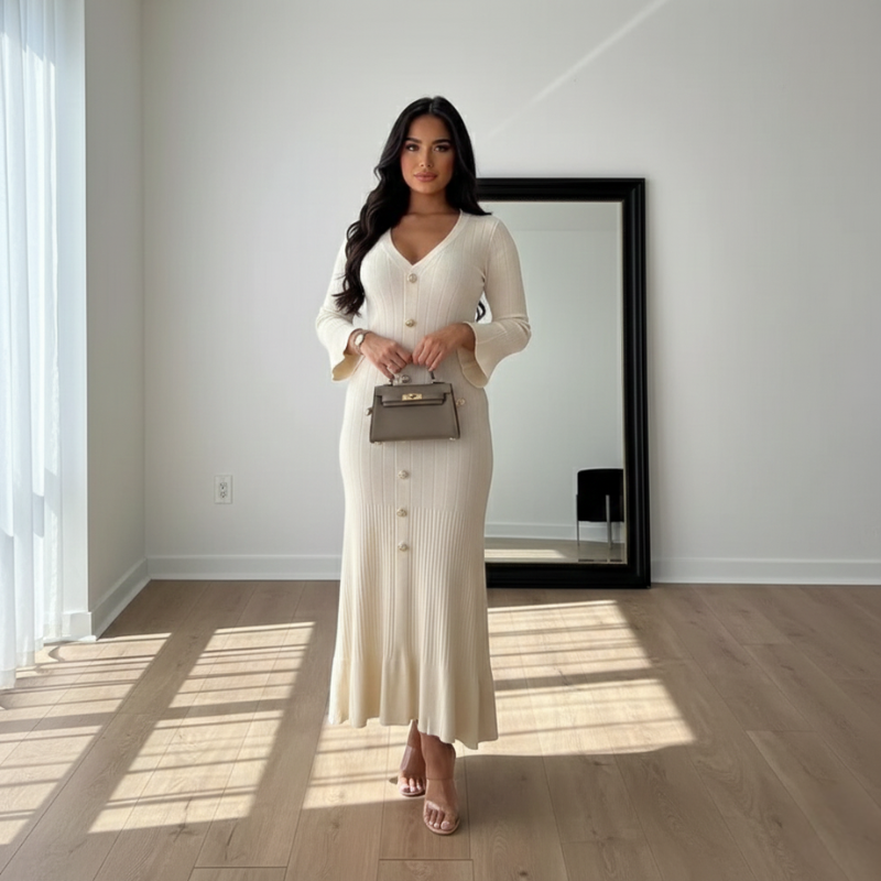 Beigefarbenes Strickkleid mit eleganter Passform und Knopfleiste, getragen in einem sonnendurchfluteten Innenraum.