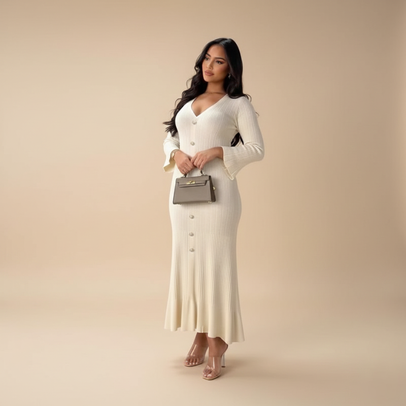 Beigefarbenes Strickkleid mit goldenen Knöpfen, V-Ausschnitt und weicher Silhouette in heller Studioaufnahme.