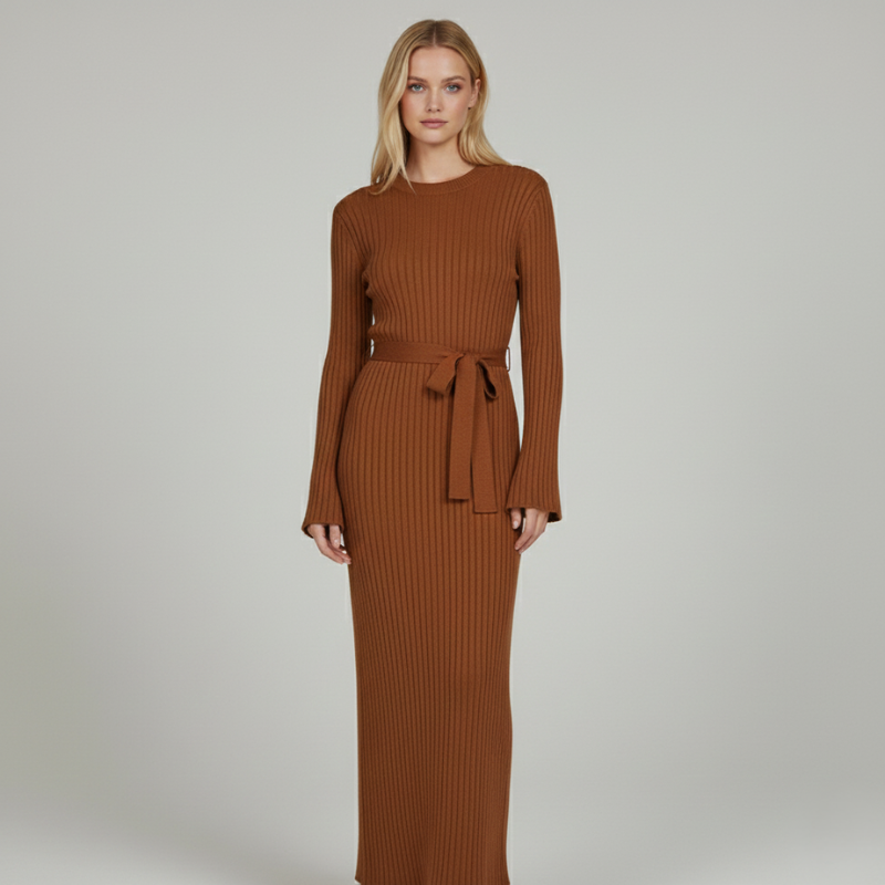 Model präsentiert ein braunes Maxikleid mit Rippenstruktur, ausgestellten Ärmeln und Bindegürtel im minimalistischen Studio.