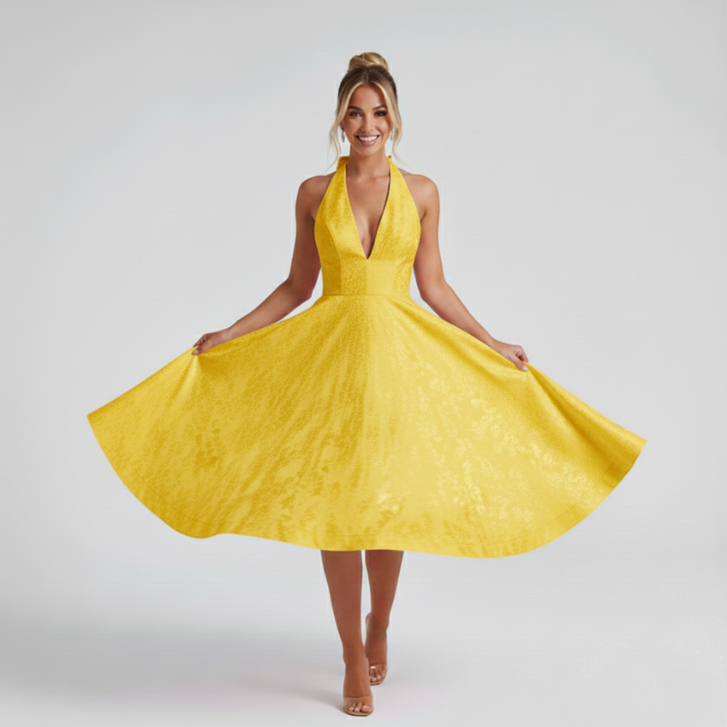 Model präsentiert ein gelbes Kleid mit ausgestelltem Rock und fließender Bewegung vor neutralem Hintergrund.