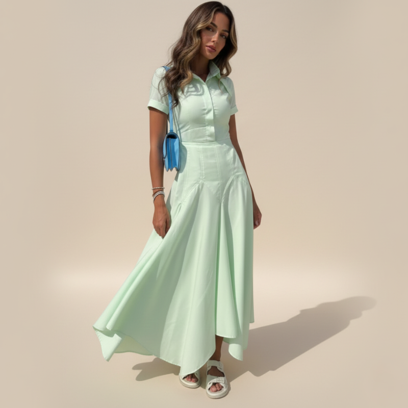 Model trägt ein mintgrünes Maxikleid mit kurzem Ärmel, Kragen und fließendem Rock im warmen Outdoor-Studio.