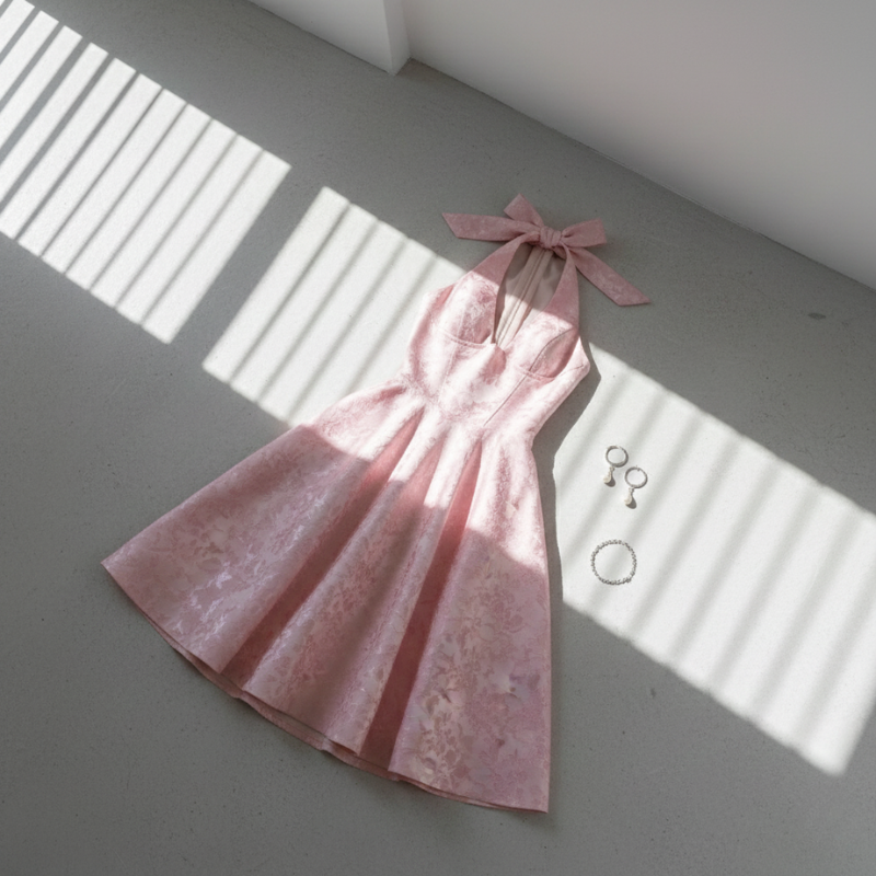 Rosafarbenes Damenkleid mit ausgestelltem Rock als Flatlay auf hellem Untergrund arrangiert.