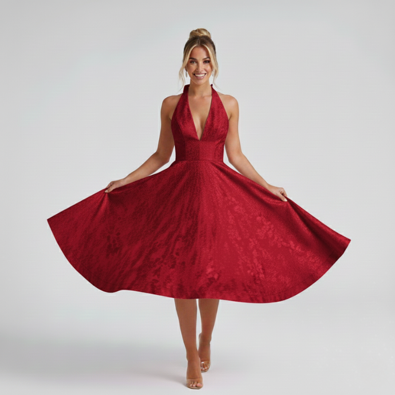 Ganzkörperansicht eines roten Damenkleides mit weitem Rock und femininer Silhouette im Studio.