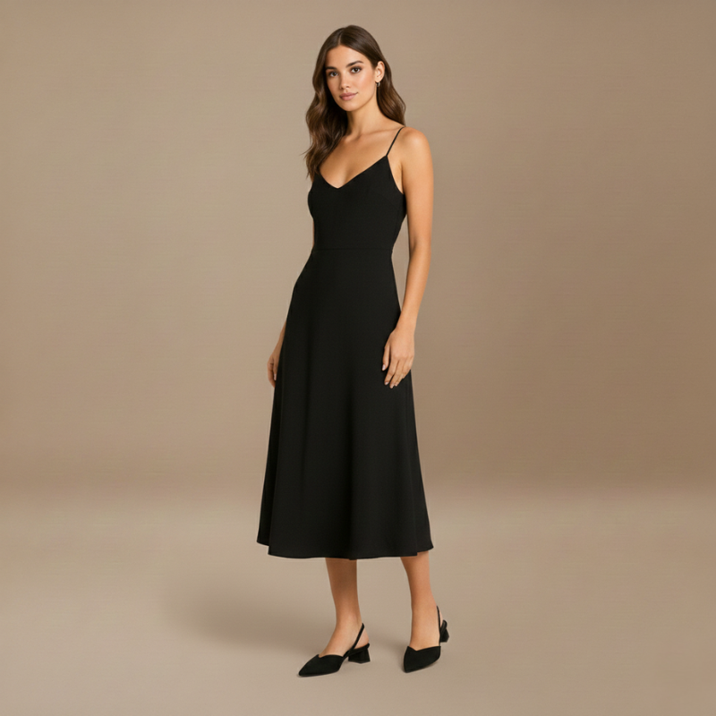 Model trägt ein schwarzes, midi-langes Kleid mit schlichter, fließender Silhouette in warmer Studioatmosphäre.