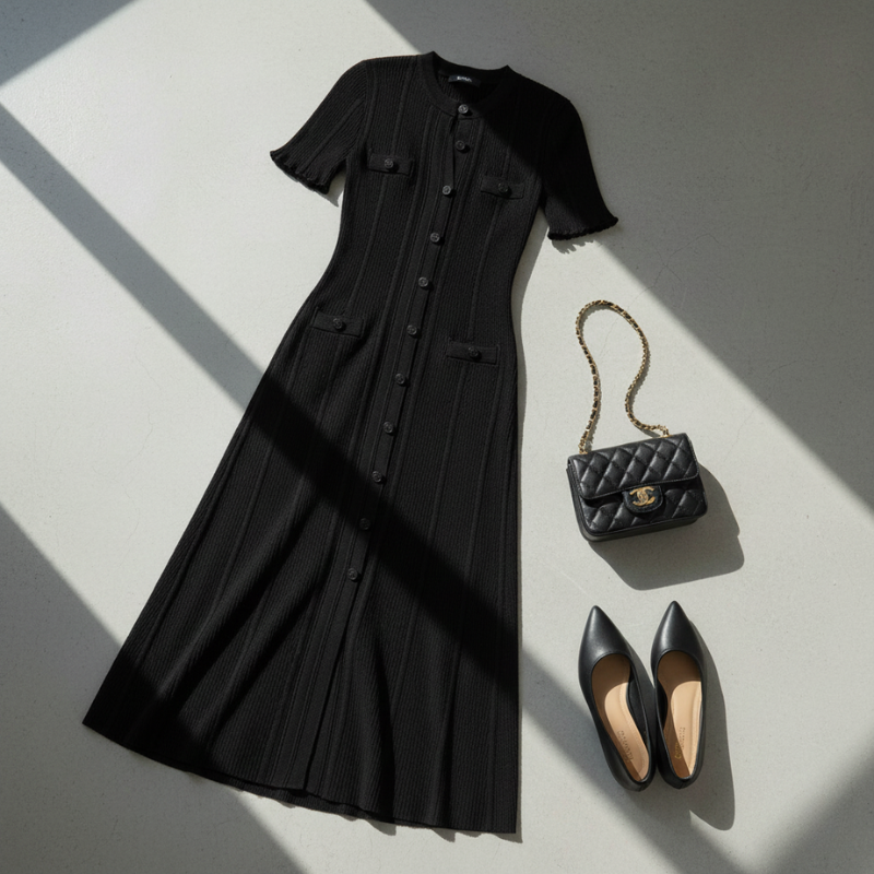 Schwarzes Damenkleid mit passenden Accessoires als Flatlay auf hellem Untergrund arrangiert.