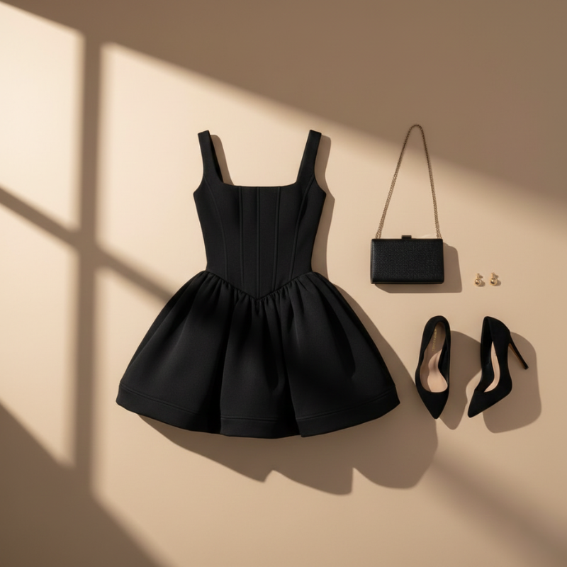Schwarzes Minikleid mit breiten Trägern und Ballonrock flach ausgelegt auf hellem Hintergrund, ergänzt durch Accessoires.