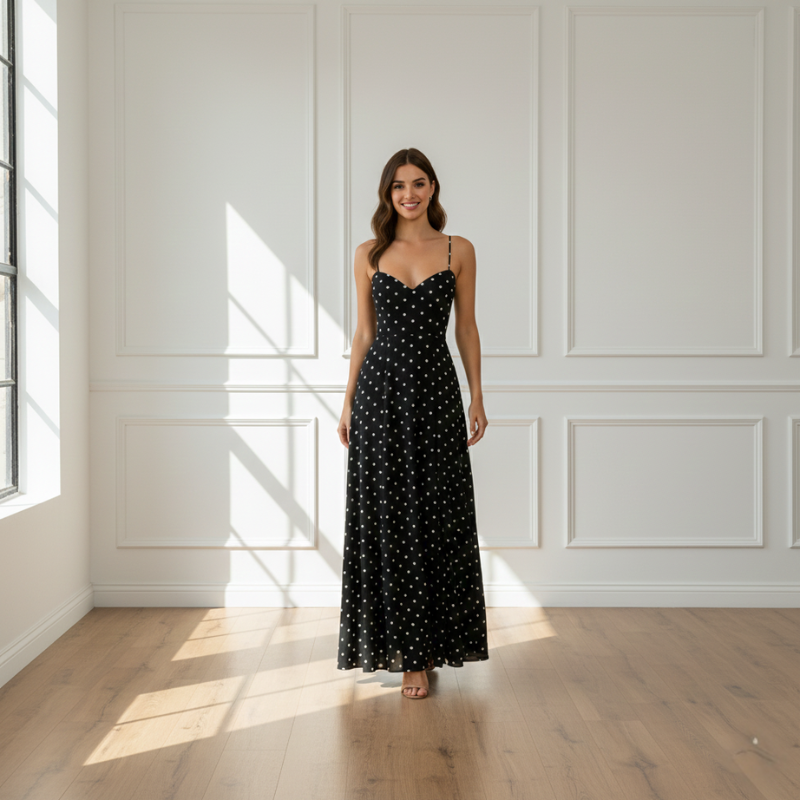 Model trägt ein gepunktetes schwarzes Maxikleid mit fließendem Schnitt in einem lichtdurchfluteten Innenraum.