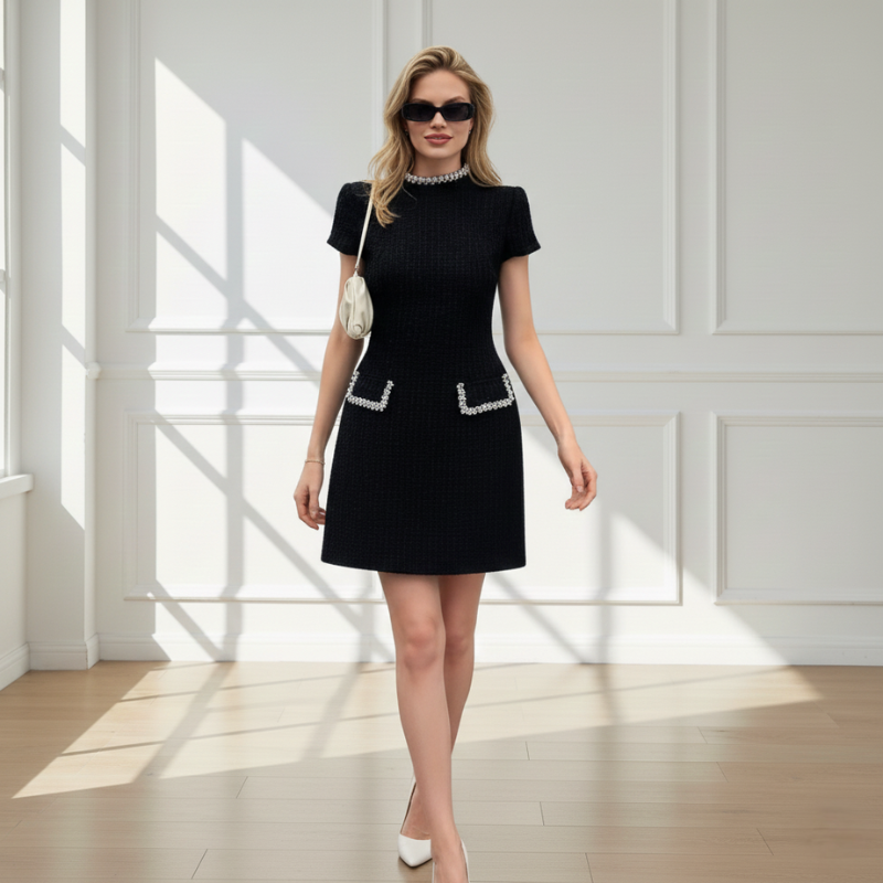 Schwarzes, kurzärmeliges Minikleid mit klarer Linienführung und dekorativem Taschenbesatz, getragen im hellen Außenbereich.