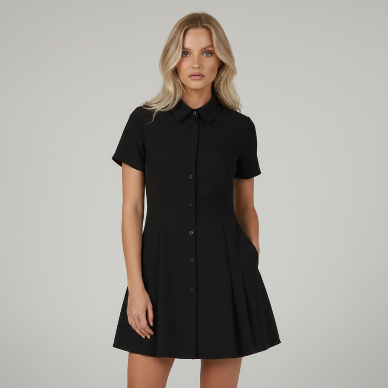 Schwarzes kurzes Hemdblusenkleid mit klarer Linienführung und Knopfleiste, präsentiert von einem Model im hellen Innenraum.