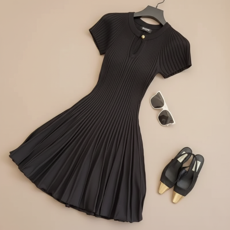 Flatlay eines schwarzen plissierten Kleids mit kurzem Ärmel und goldener Knopfleiste, gestylt mit Schuhen und Sonnenbrille.