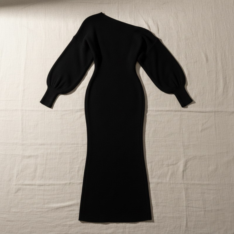 Rückansicht eines schwarzen Maxikleids mit lockerer Passform und fließendem Schnitt vor neutralem Hintergrund.