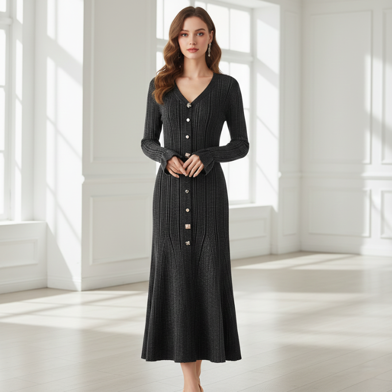 Model trägt ein langes schwarzes Strickkleid mit Knopfleiste und eleganter Passform im hellen Studio.