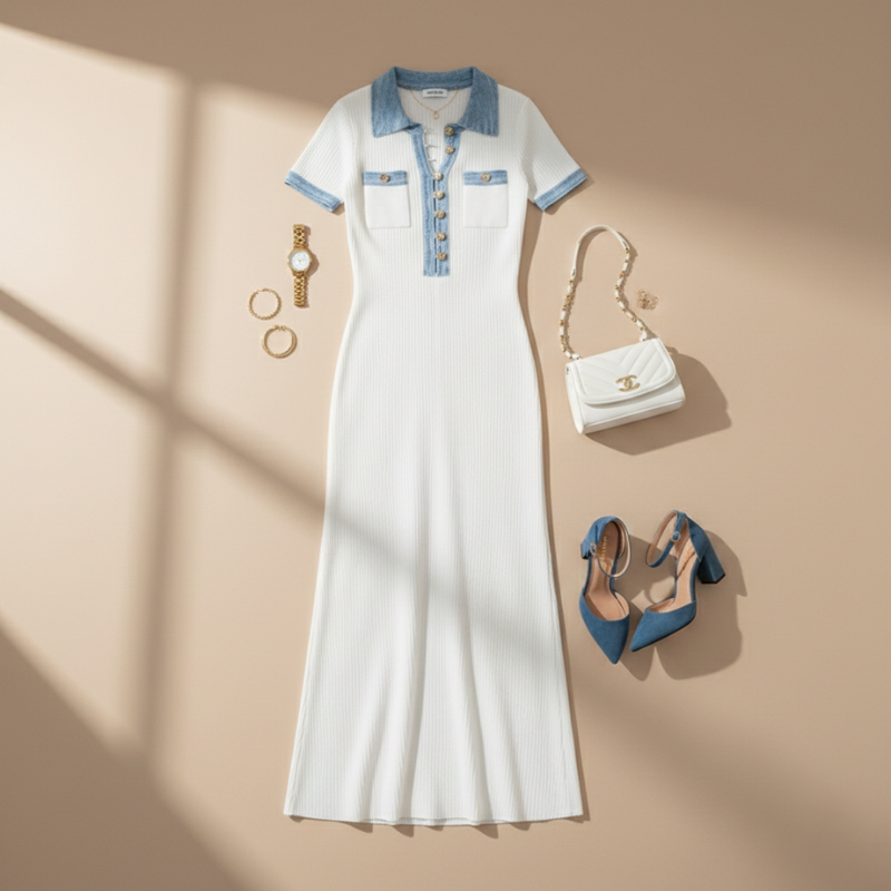 Flatlay eines weißen Maxikleids mit blauem Kragen und verzierten Knopfleisten, kombiniert mit Tasche, Schmuck und Schuhen auf hellem Hintergrund.