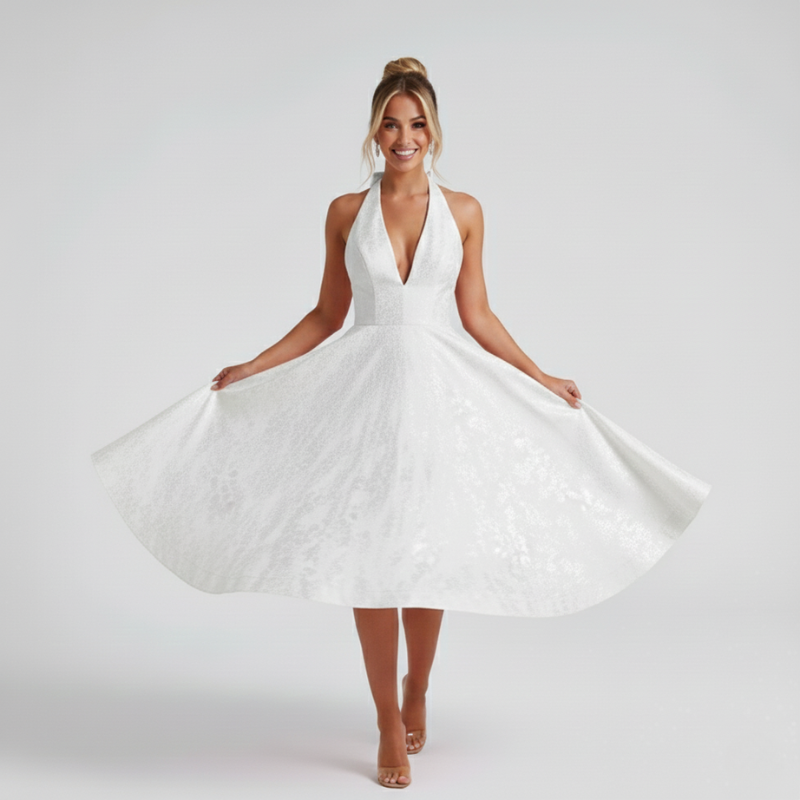 Weißes Damenkleid mit ausgestelltem Rock und ärmellosem Schnitt, präsentiert vor hellem Hintergrund.