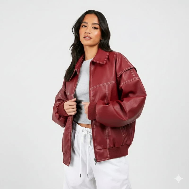 Modell trägt eine bordeauxrote Lederjacke mit lockerer Passform im hellen Studio.