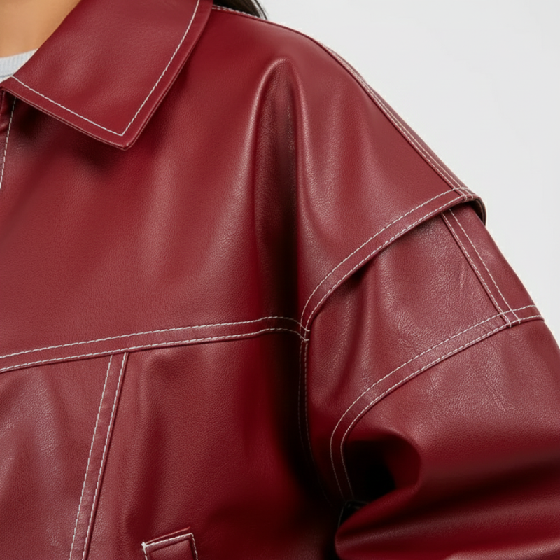 Nahaufnahme einer bordeauxroten Lederjacke mit sichtbaren Nähten und klassischem Kragen im Studio.