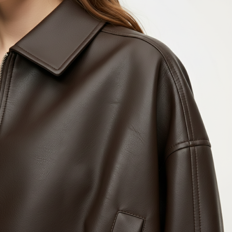 Nahaufnahme einer dunkelbraunen Damen-Lederjacke mit glatter Oberfläche und klassischem Kragen.
