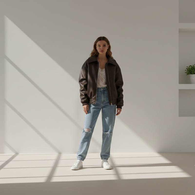 Frau trägt eine braune Lederjacke im modernen, minimalistischen Studio mit hellem Tageslicht.