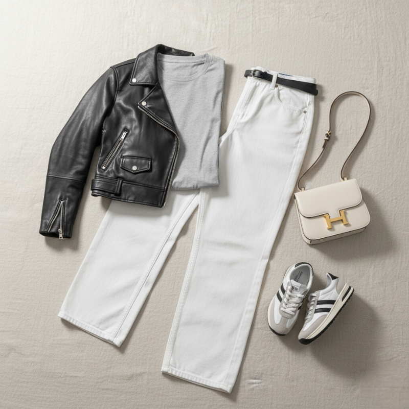 Schwarze Lederjacke mit weißer Hose und Accessoires als Flatlay auf hellem Hintergrund arrangiert.