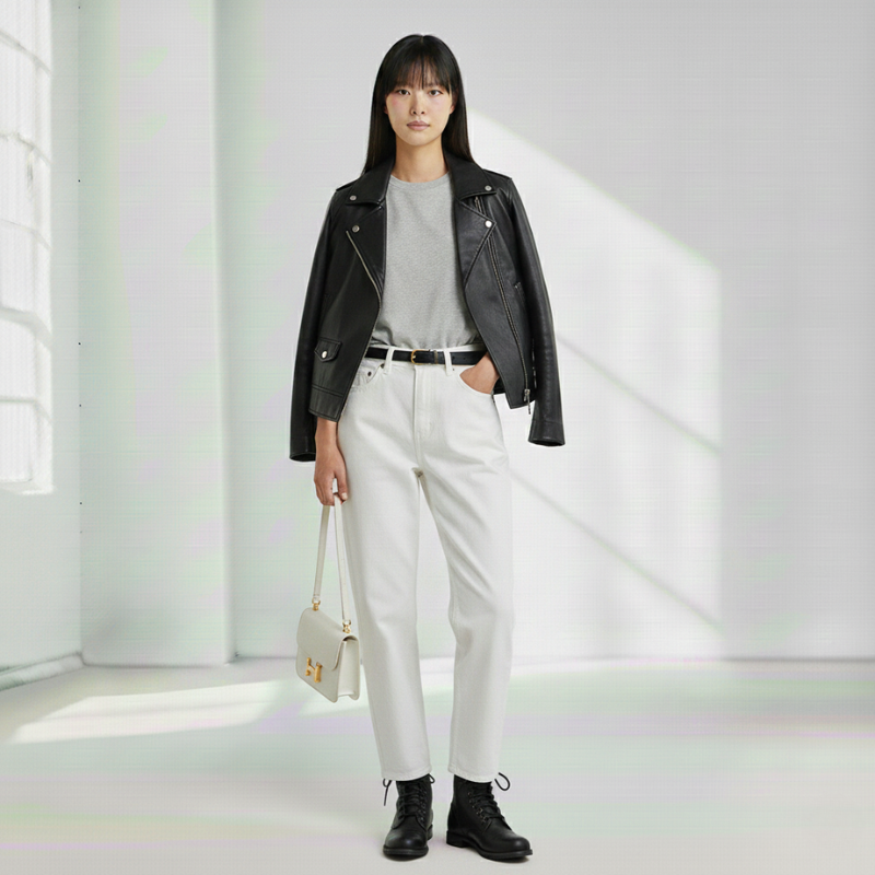 Frau präsentiert eine schwarze Lederjacke mit weißer Hose und klarer Silhouette im minimalistischen Studio.