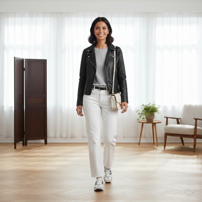 Model trägt eine schwarze Lederjacke und weiße Hose in eleganter Pose innerhalb eines hellen Innenraums.