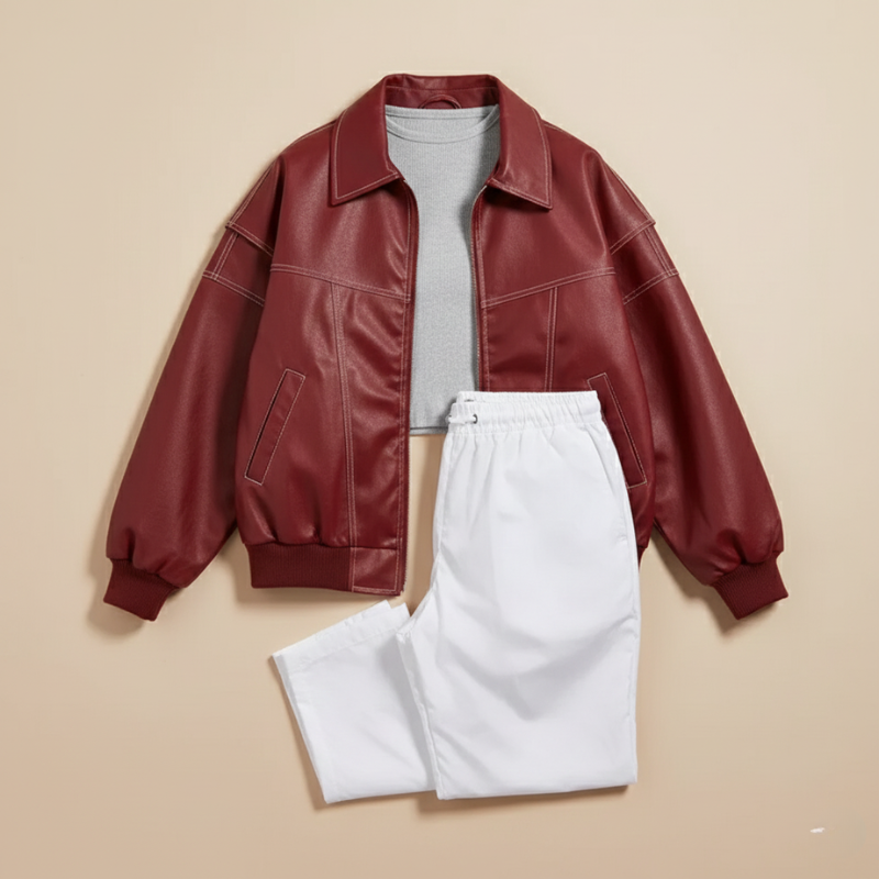 Modell präsentiert eine bordeauxrote Lederjacke in einer lässigen Ganzkörperaufnahme.