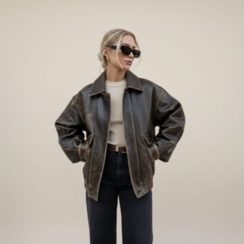 Modell steht vor neutralem Hintergrund und trägt eine braune Lederjacke im klassischen Oversize-Schnitt.