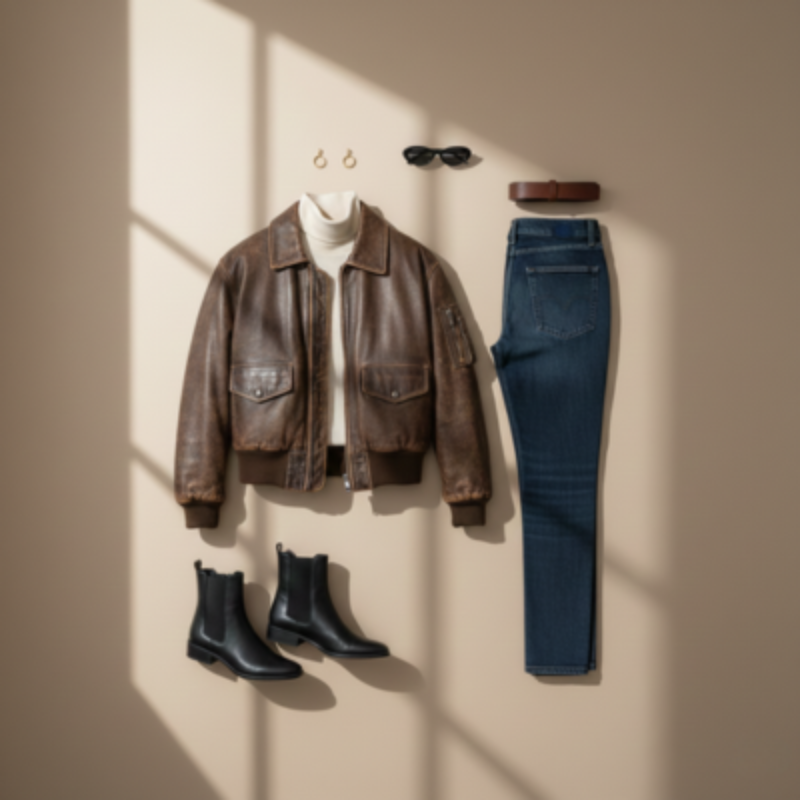 Frau trägt eine dunkelbraune Lederjacke mit Schal in einem hellen Raum, vollständige Vorderansicht bei natürlichem Licht.