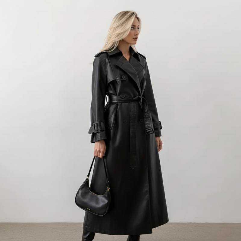 Ganzkörperansicht eines schwarzen Damen-Ledertrenchcoats mit taillierter Passform vor neutralem Hintergrund.