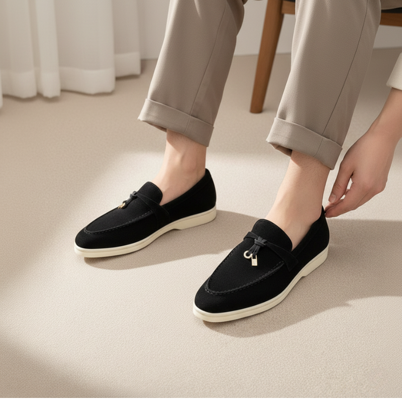 Schwarze Wildleder-Loafer an den Füßen des Modells kombiniert mit beiger Hose im Innenraum.