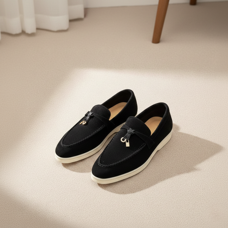 Paar schwarzer Damen-Loafer aus Wildleder, stilvoll nebeneinander im Studio platziert.