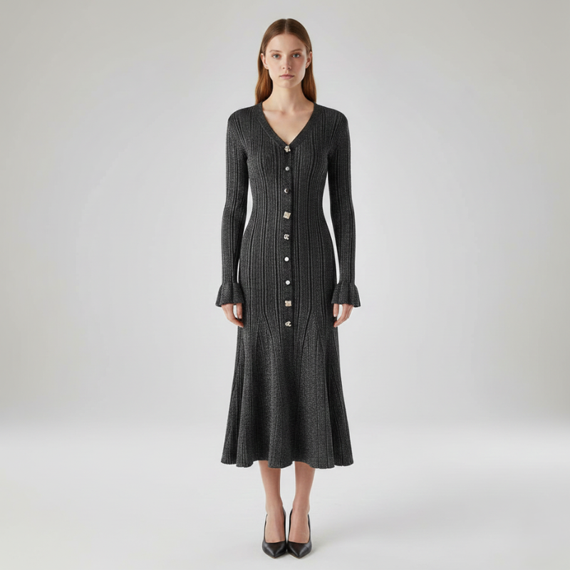 Model präsentiert ein langes schwarzes Strickkleid mit Knöpfen in einer klaren Studioaufnahme für Wintermode.